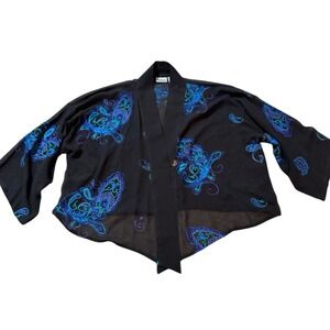 Chico's Black Sheer Silk Embroidered One Button Kimono Cardigan Jacket Size S/M
